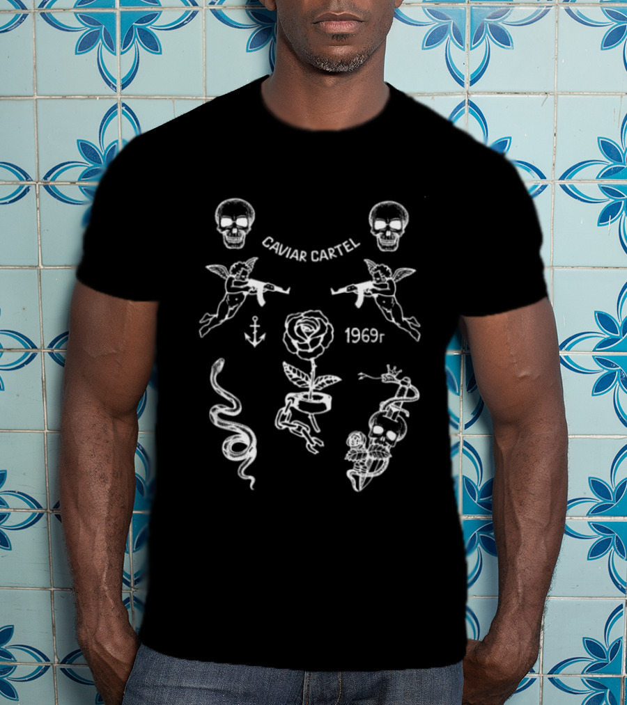 Ssur Caviar Cartel 1969t Skull Rose Snake Wings Anchor Icons Black Oversized T-Shirt