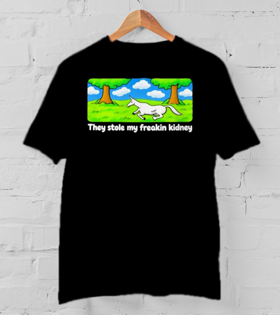 They Stole My Freakin Kidney Unicorn Cartoon Scene T-Shirt
