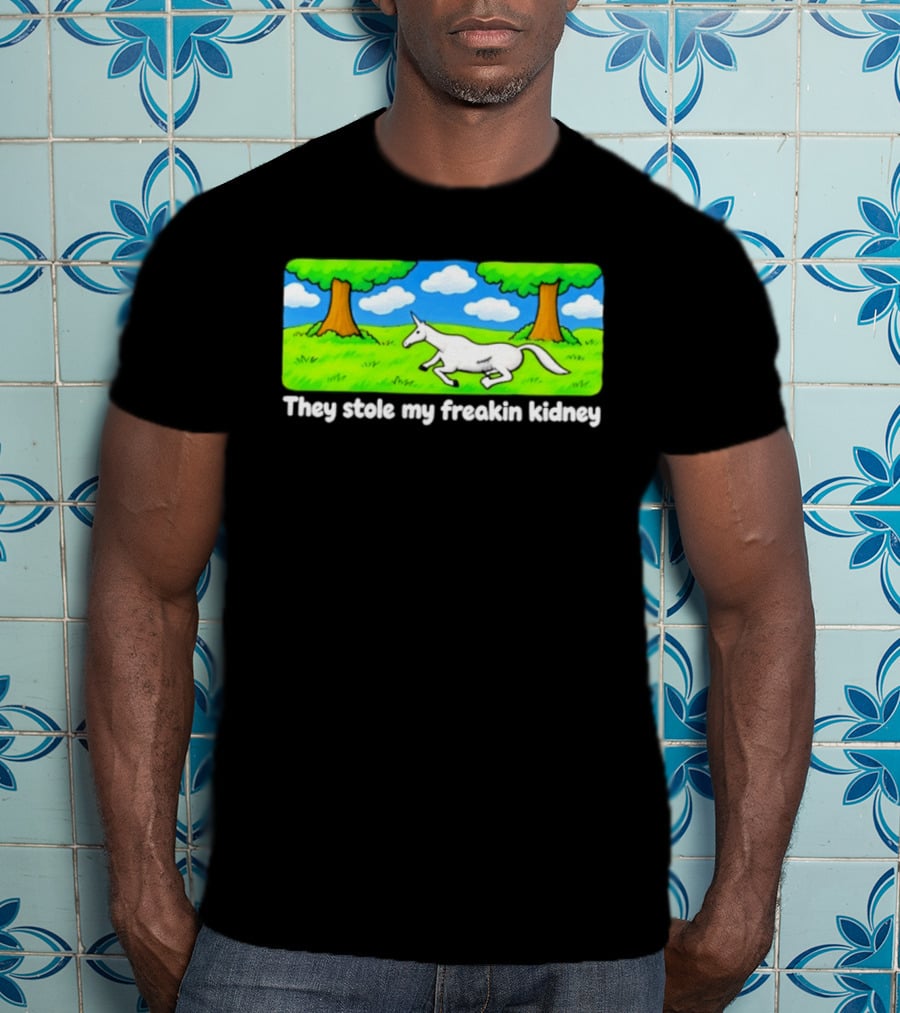 They Stole My Freakin Kidney Unicorn Cartoon Scene T-Shirt