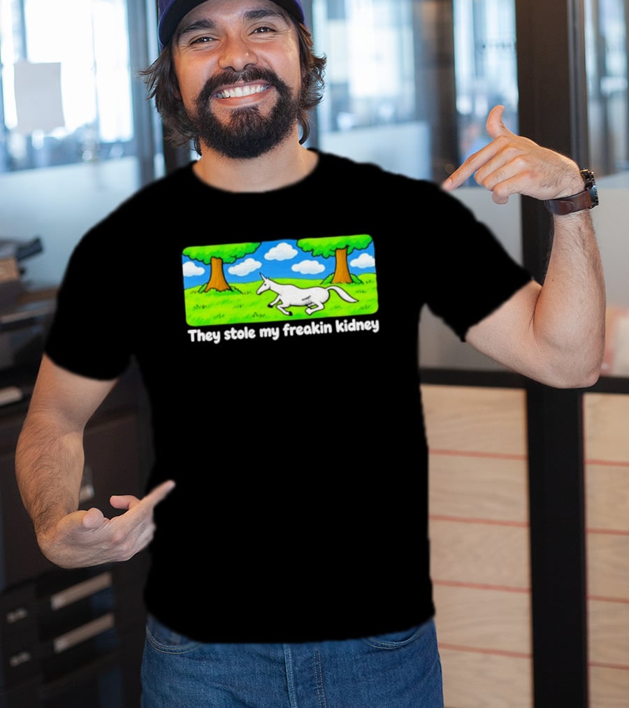 They Stole My Freakin Kidney Unicorn Cartoon Scene T-Shirt
