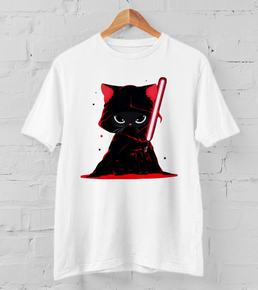 Black Cat Sith With Red Lightsaber Cloaked In Darkness T-Shirt