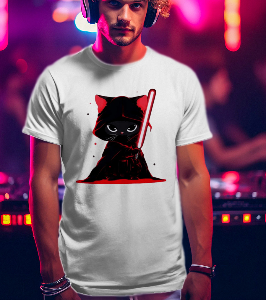 Black Cat Sith With Red Lightsaber Cloaked In Darkness T-Shirt