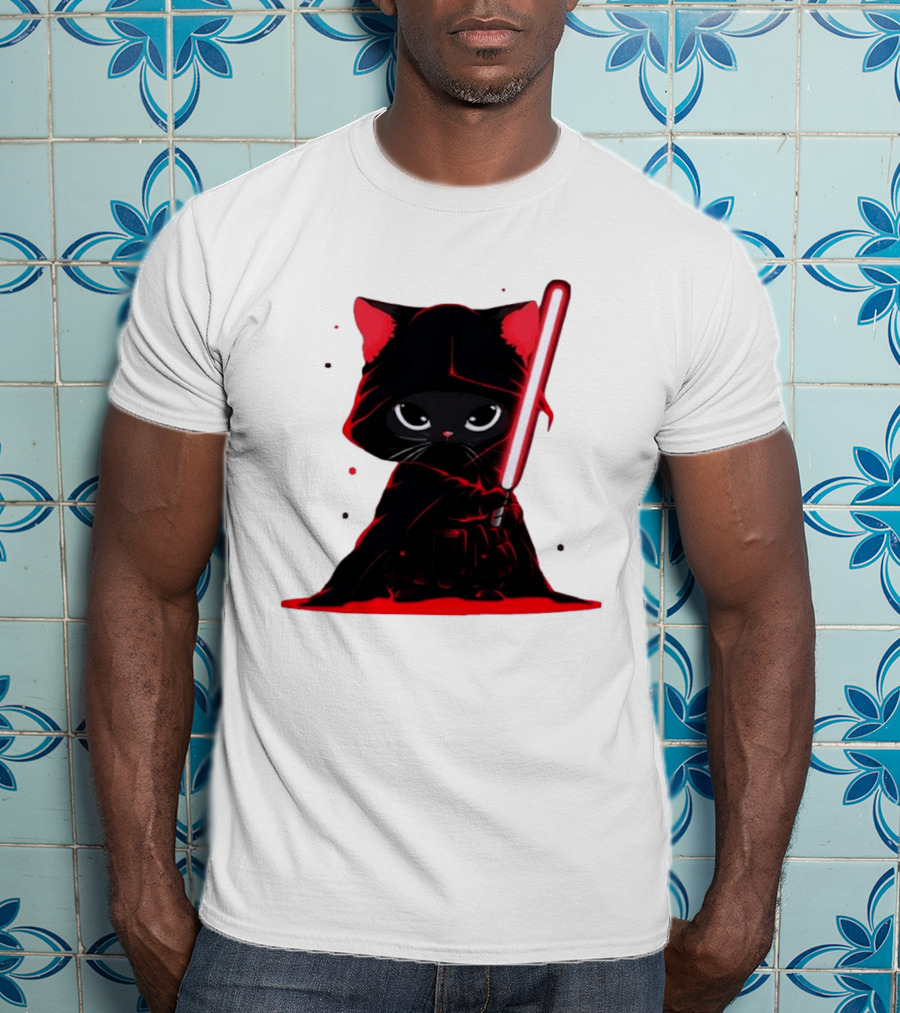 Black Cat Sith With Red Lightsaber Cloaked In Darkness T-Shirt