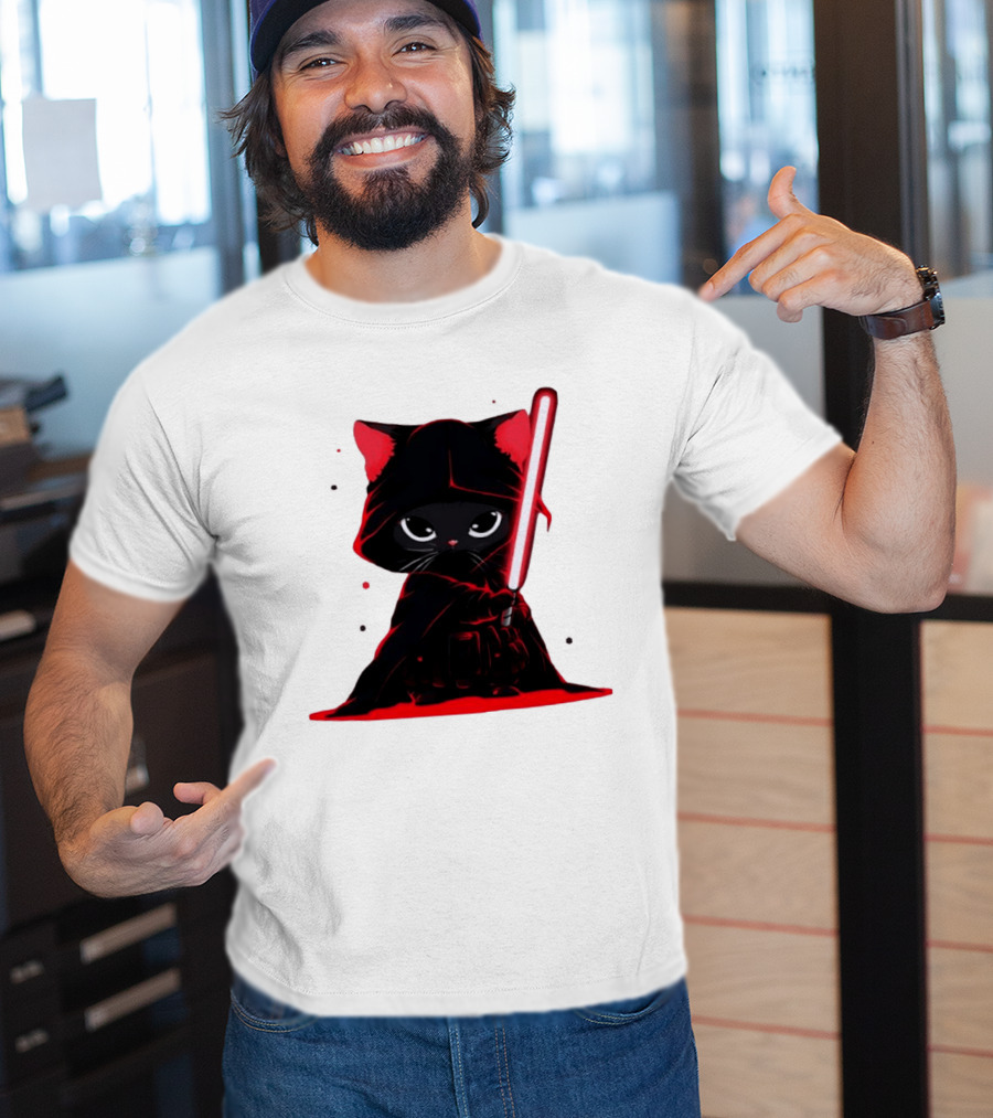 Black Cat Sith With Red Lightsaber Cloaked In Darkness T-Shirt