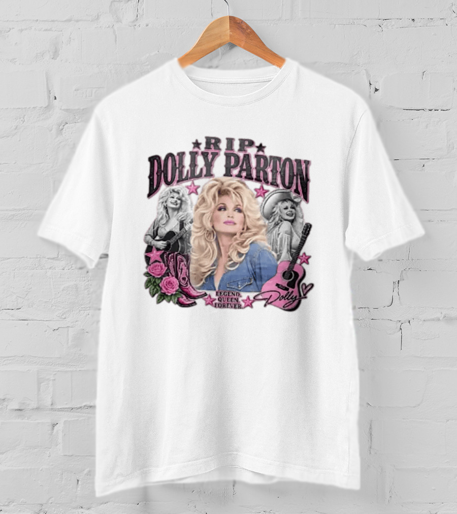 RIP Dolly Parton Legend Queen Forever Pink Cowboy Boots Roses Guitars Stars T-Shirt