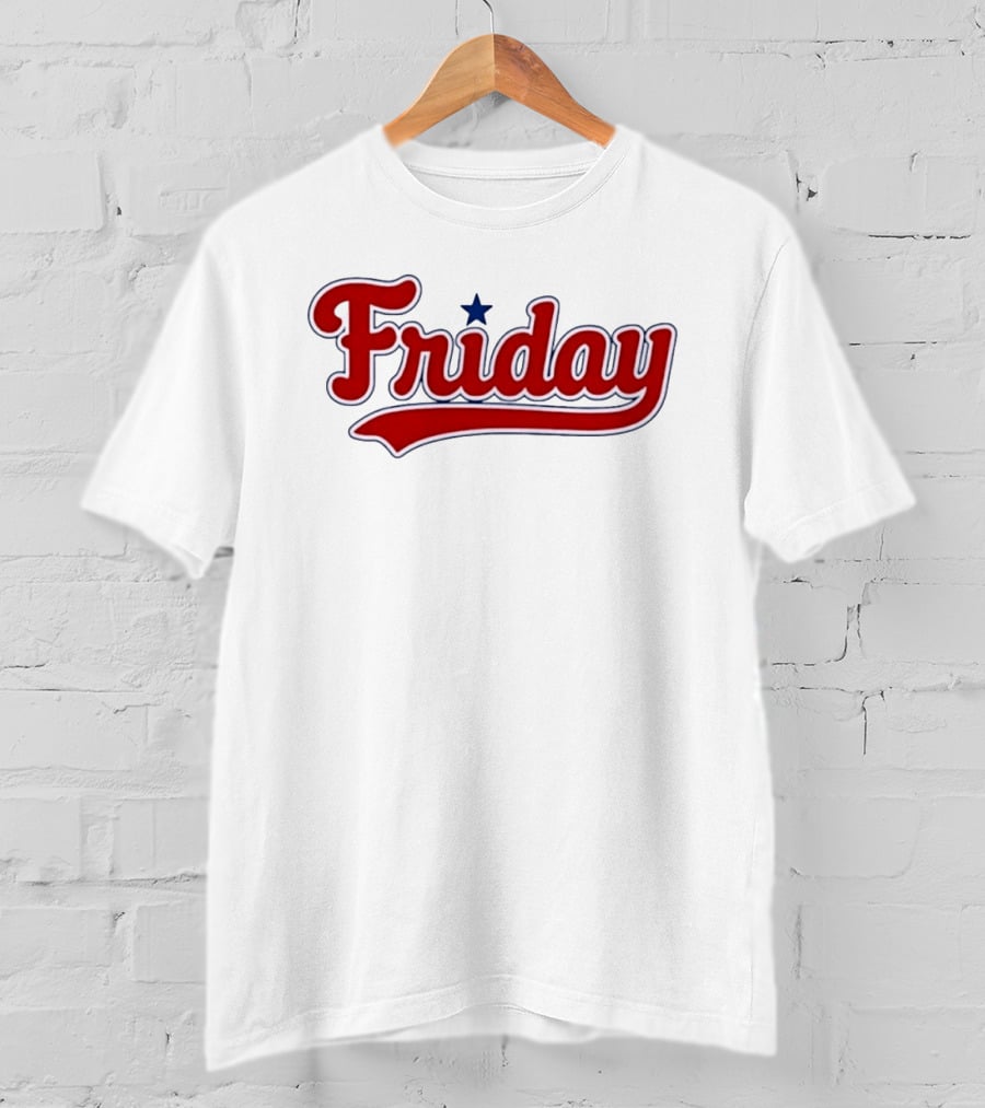 Friday Weekend Casual Baseball Style Script Red Text With Star T-Shirt