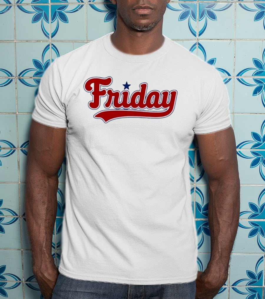 Friday Weekend Casual Baseball Style Script Red Text With Star T-Shirt