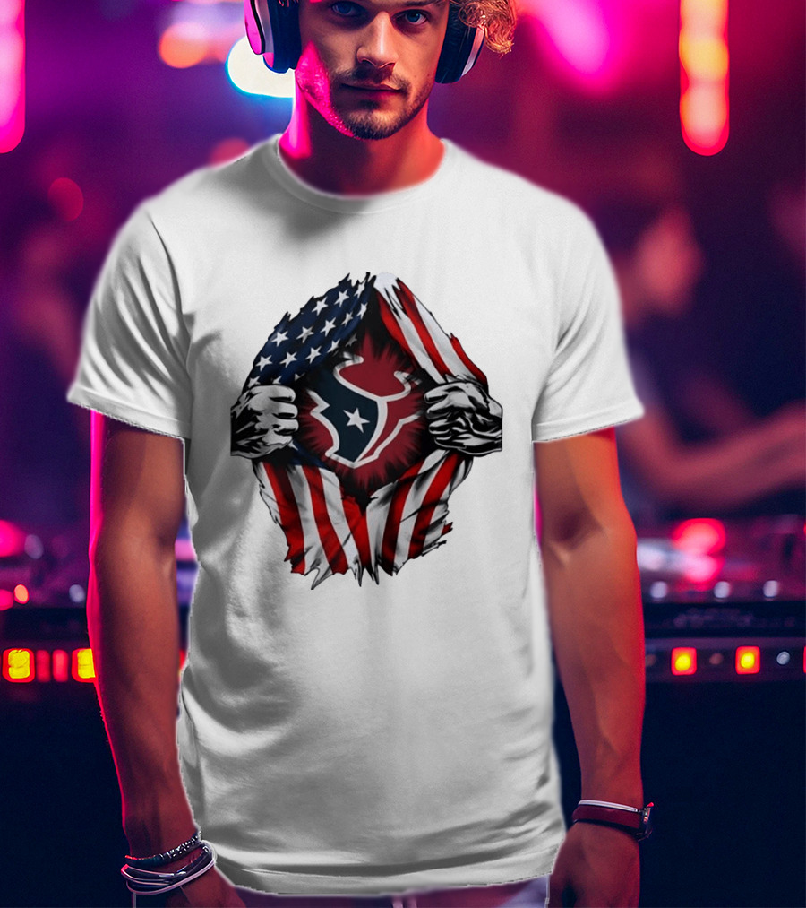 Houston Texans American Flag Ripped Chest NFL Fan T-Shirt