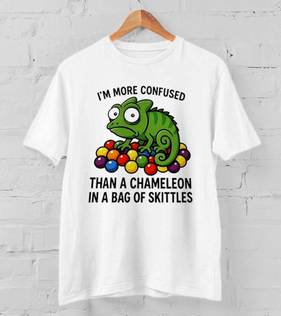 I'm More Confused Than A Chameleon In A Bag Of Skittles Colorful Chameleon And Candy Humor T-Shirt