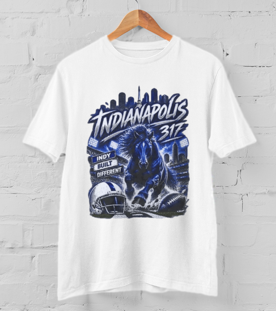 Indianapolis Colts 317 Indy Built Different Football Horse Helmet Skyline T-Shirt