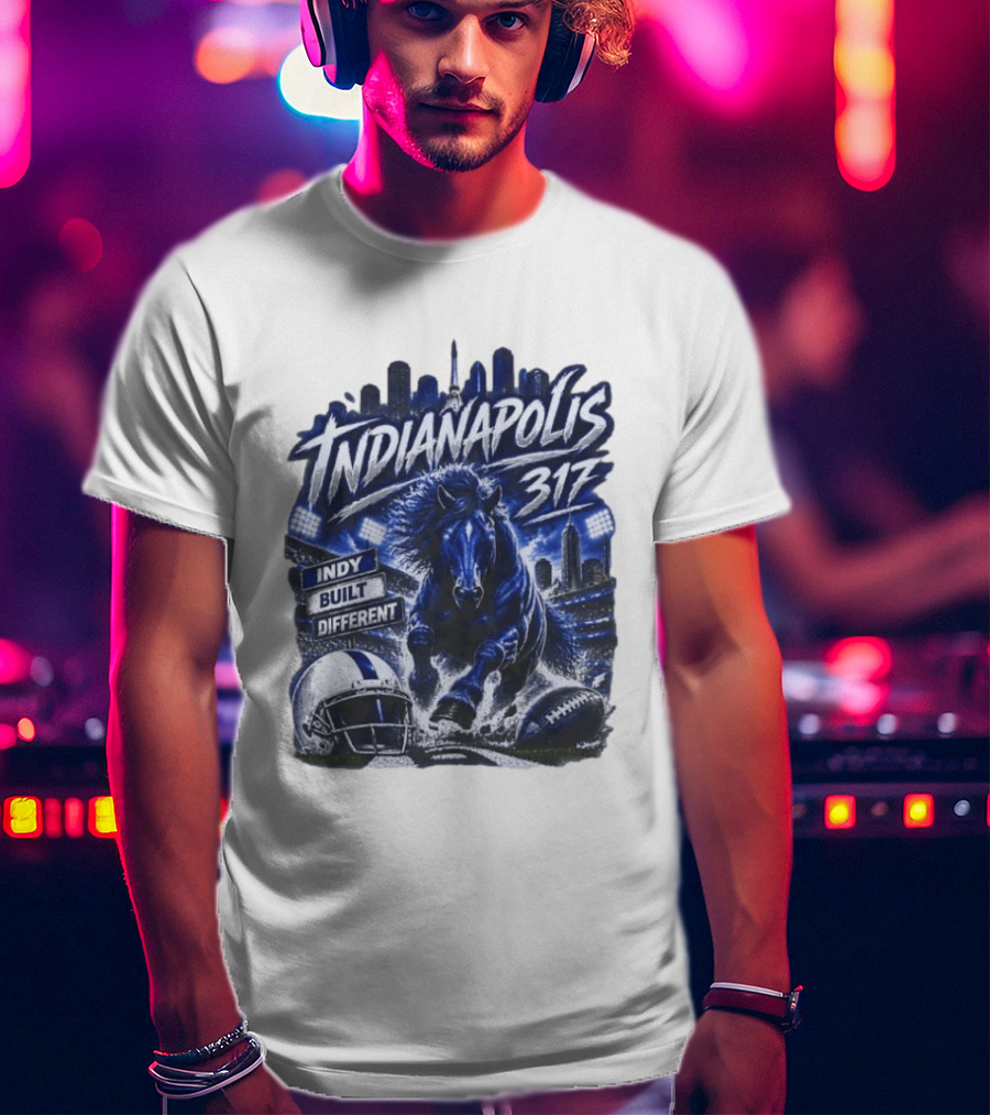 Indianapolis Colts 317 Indy Built Different Football Horse Helmet Skyline T-Shirt