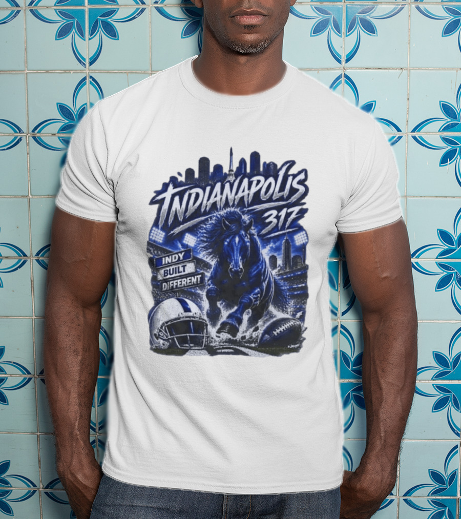 Indianapolis Colts 317 Indy Built Different Football Horse Helmet Skyline T-Shirt