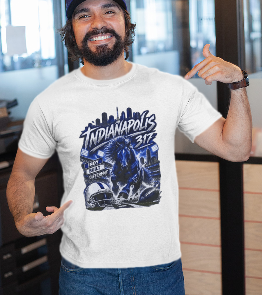 Indianapolis Colts 317 Indy Built Different Football Horse Helmet Skyline T-Shirt