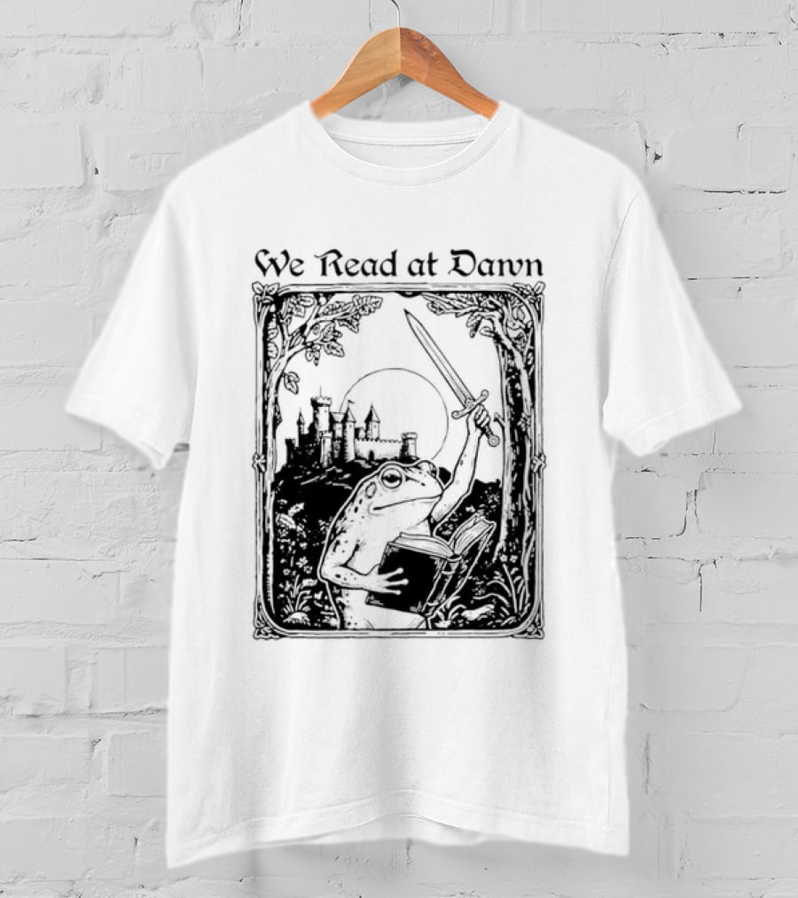 We Read At Dawn Frog Holding Sword And Book In Enchanted Forest T-Shirt