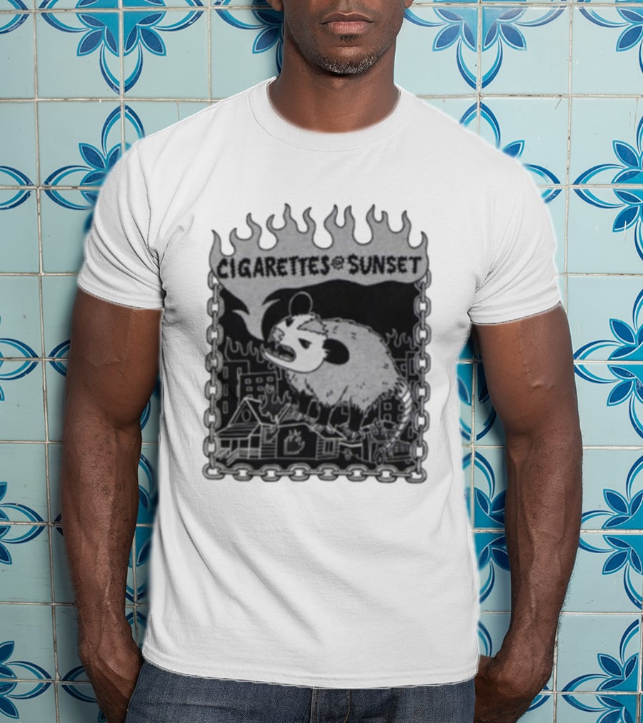 Cigarettes At Sunset OG Possum In Fiery Cityscape With Chains T-Shirt