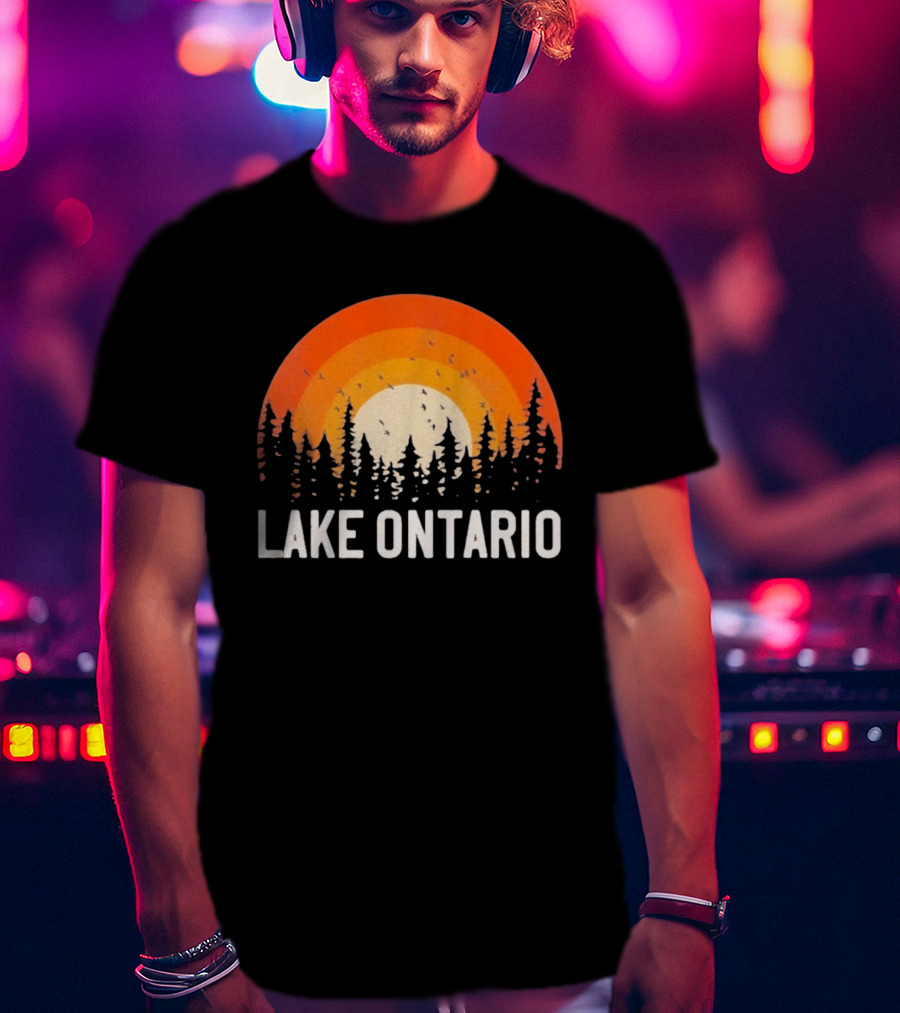 Lake Ontario Sunset Forest Birds Nature Scene With Orange Yellow Gradient T-Shirt