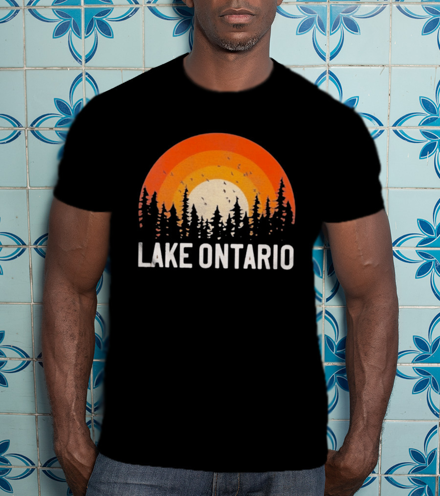 Lake Ontario Sunset Forest Birds Nature Scene With Orange Yellow Gradient T-Shirt