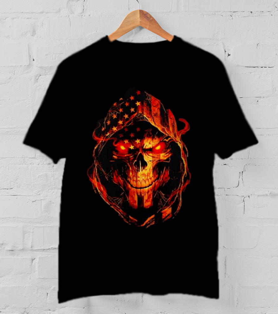 American Flag Skull Grim Reaper With Glowing Red Eyes T-Shirt