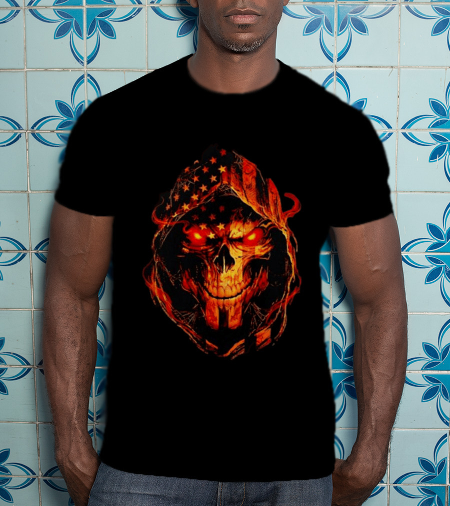 American Flag Skull Grim Reaper With Glowing Red Eyes T-Shirt
