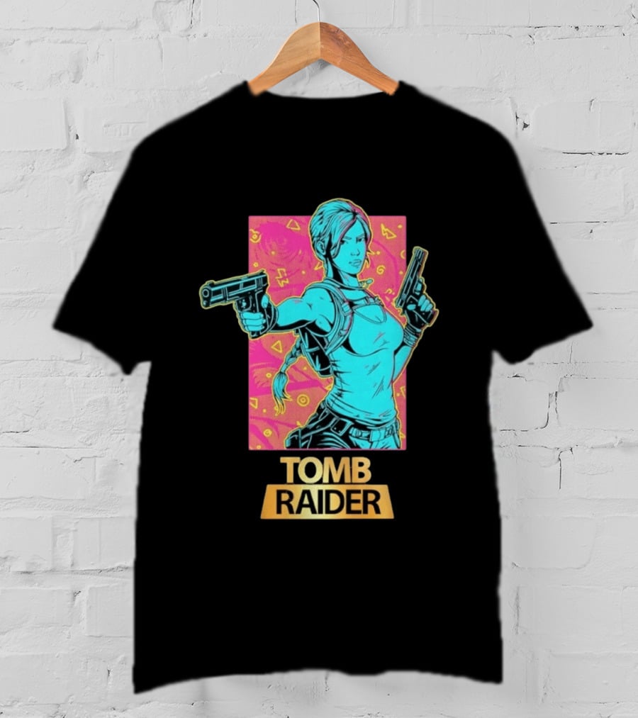 Tomb Raider Lara Croft Neon Halftone Dual Pistols T-Shirt