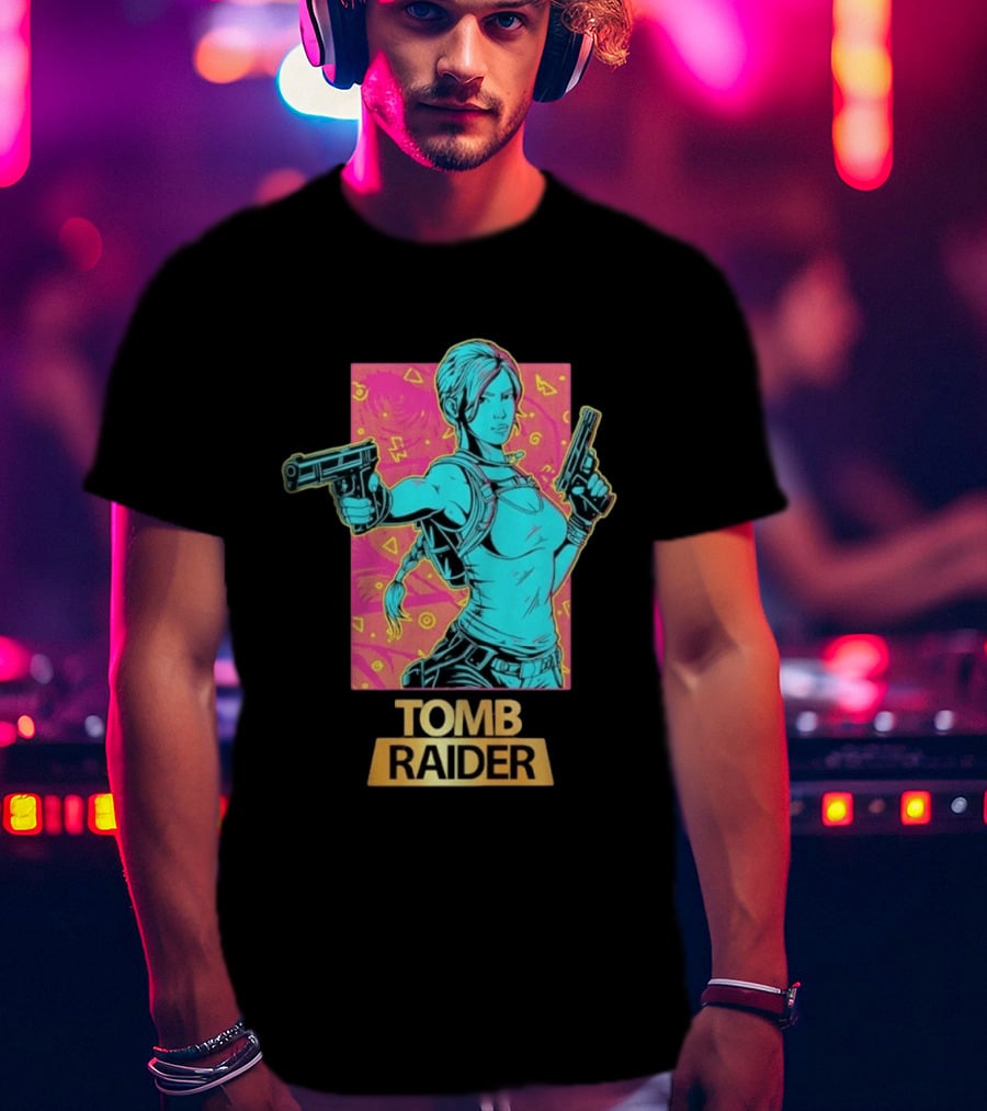 Tomb Raider Lara Croft Neon Halftone Dual Pistols T-Shirt