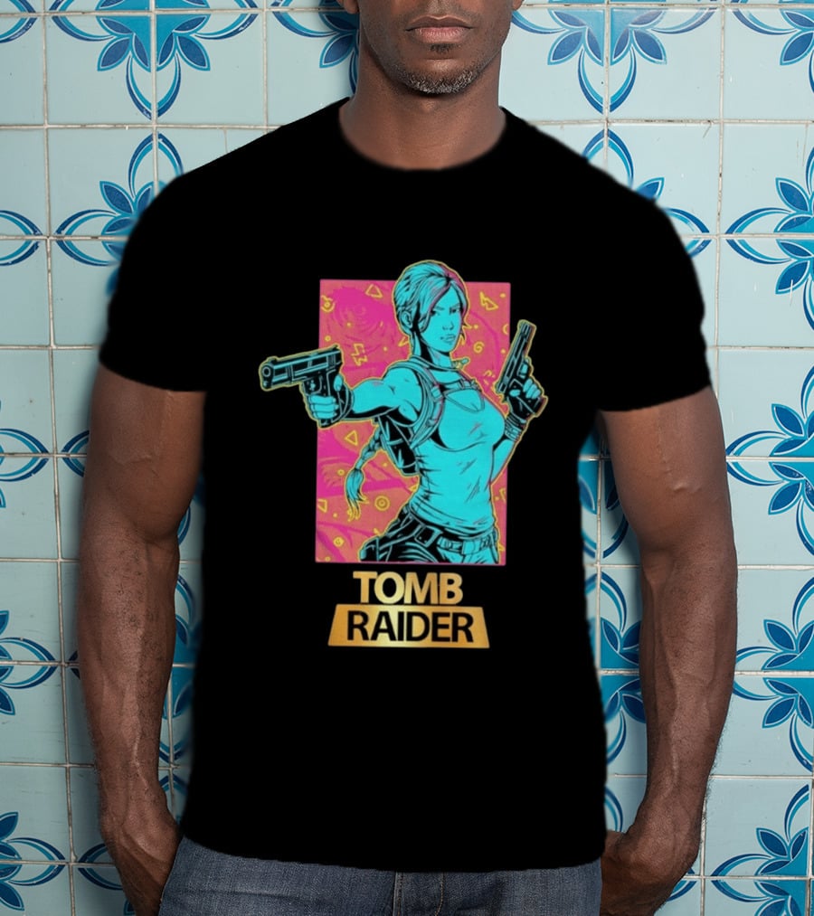 Tomb Raider Lara Croft Neon Halftone Dual Pistols T-Shirt