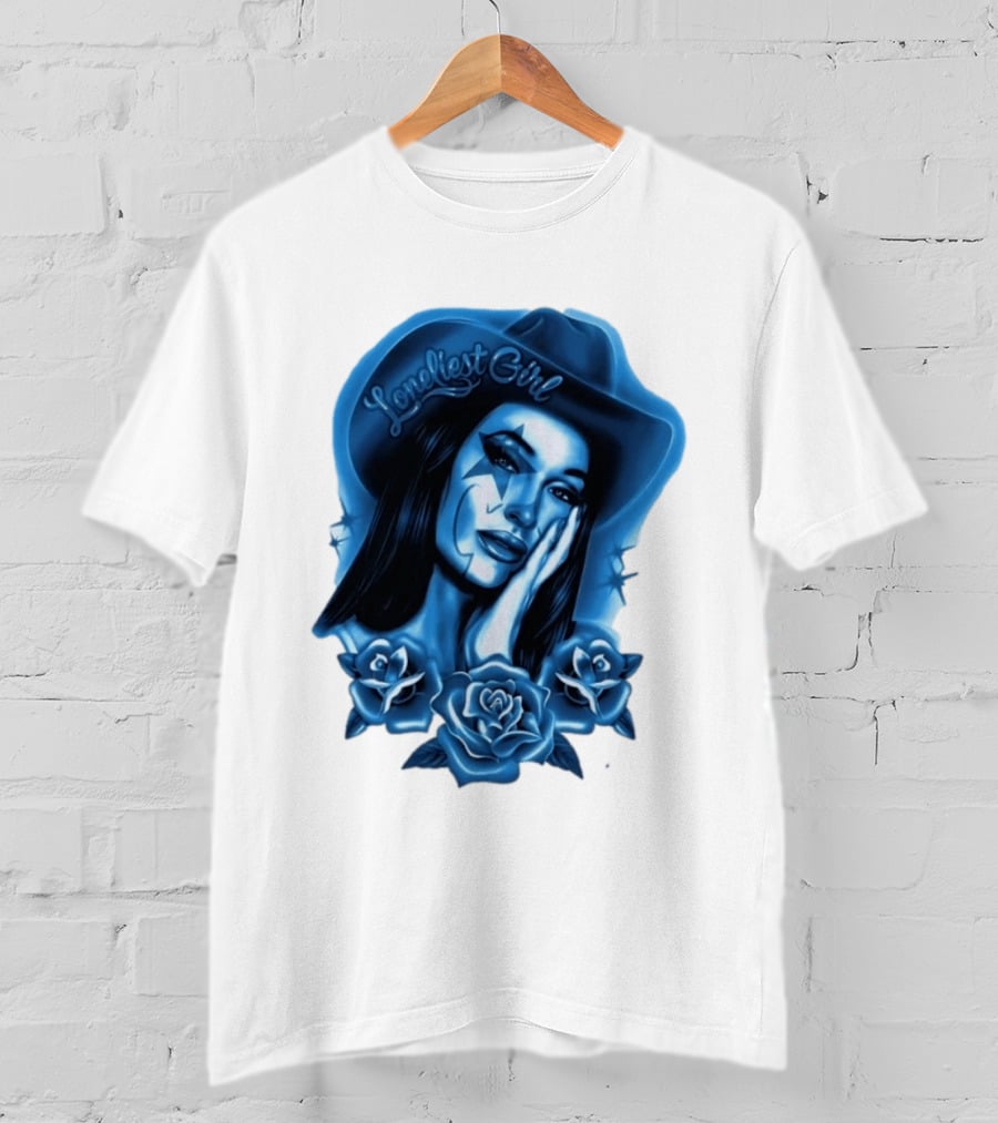 Loneliest Girl Airbrush Cowgirl In Blue With Roses T-Shirt