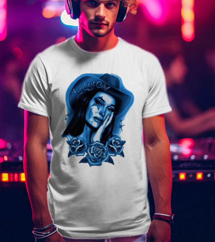 Loneliest Girl Airbrush Cowgirl In Blue With Roses T-Shirt