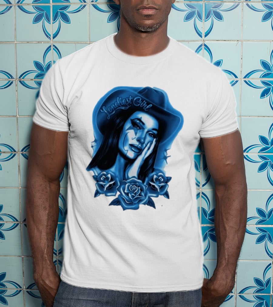 Loneliest Girl Airbrush Cowgirl In Blue With Roses T-Shirt