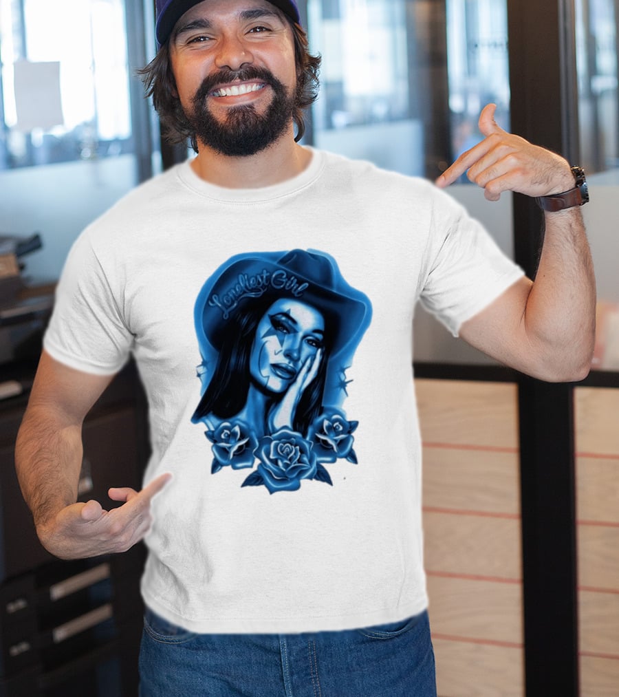 Loneliest Girl Airbrush Cowgirl In Blue With Roses T-Shirt