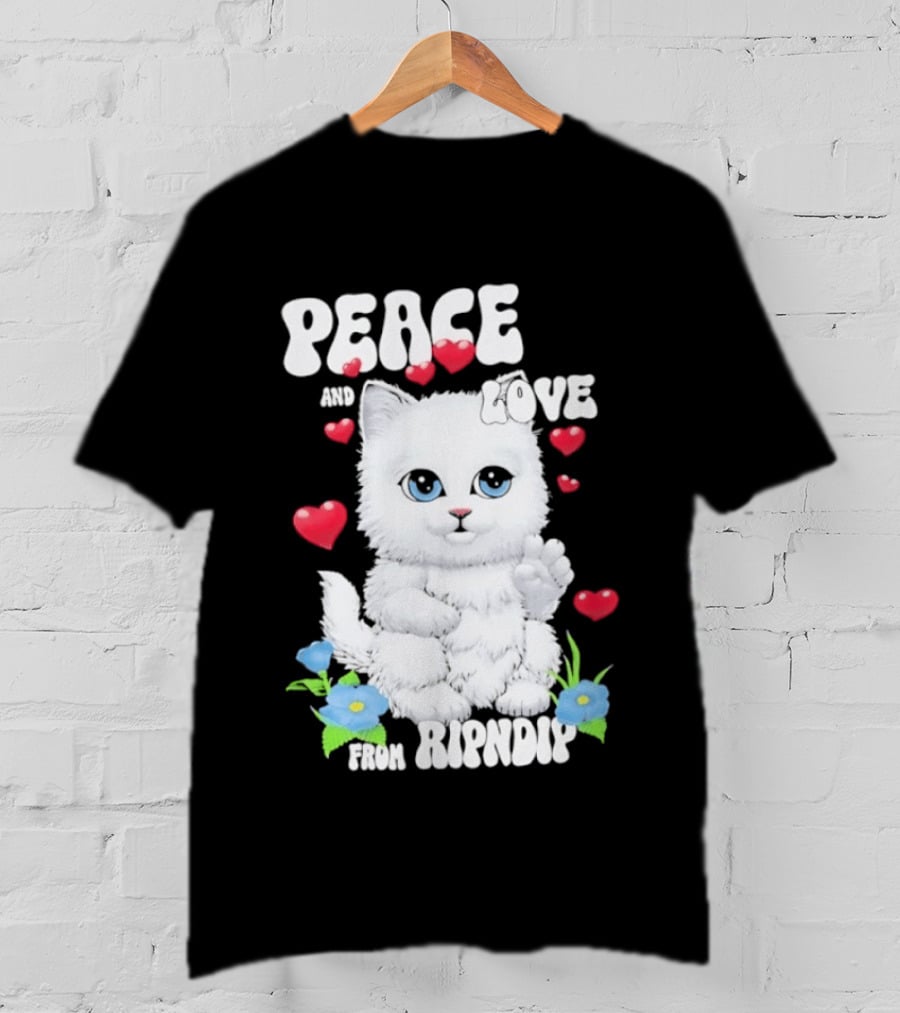 Peace And Love Ripndip Cat Kitten Hearts And Flowers T-Shirt