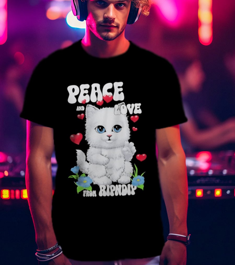 Peace And Love Ripndip Cat Kitten Hearts And Flowers T-Shirt