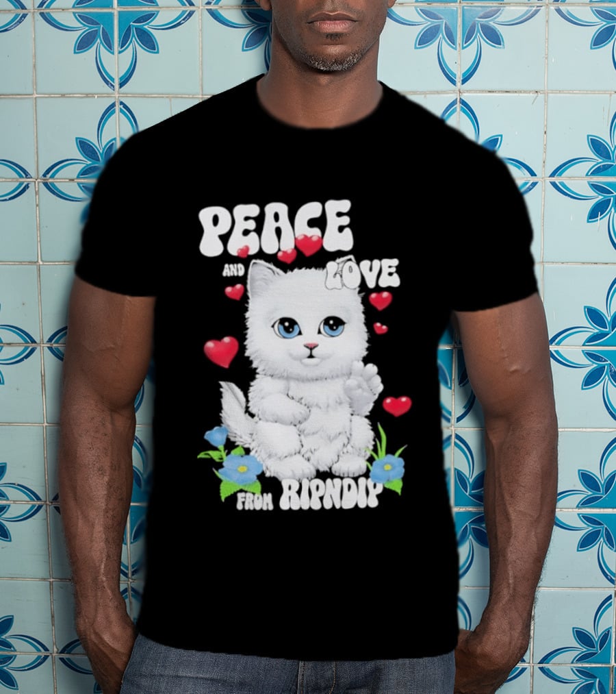 Peace And Love Ripndip Cat Kitten Hearts And Flowers T-Shirt