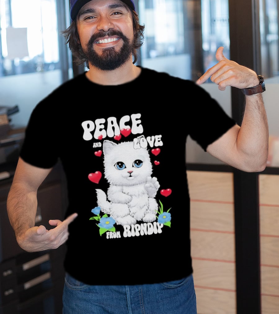 Peace And Love Ripndip Cat Kitten Hearts And Flowers T-Shirt