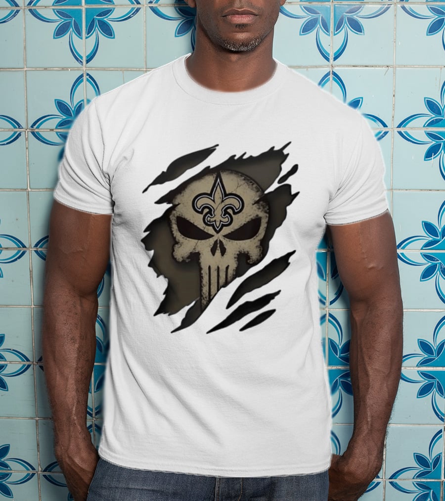 New Orleans Saints Punisher Skull Fleur De Lis Collaboration T-Shirt