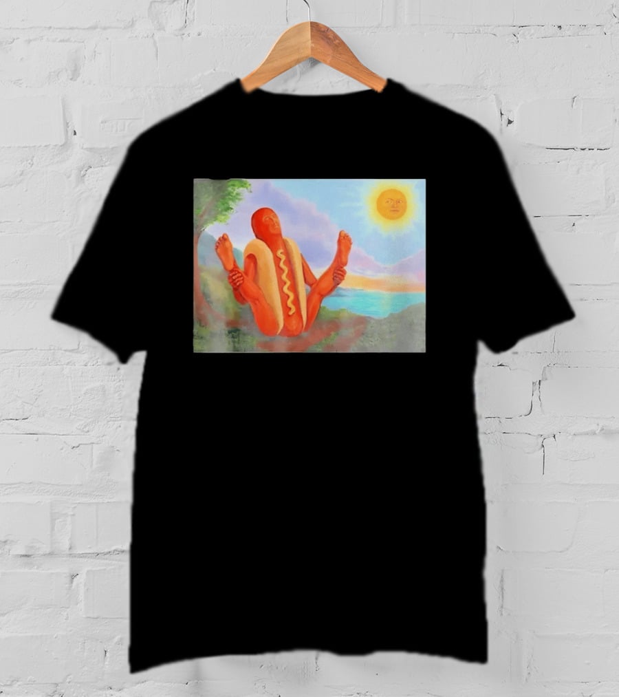 Surreal Hot Dog Doing Yoga At Sunrise With Smiling Sun T-Shirt