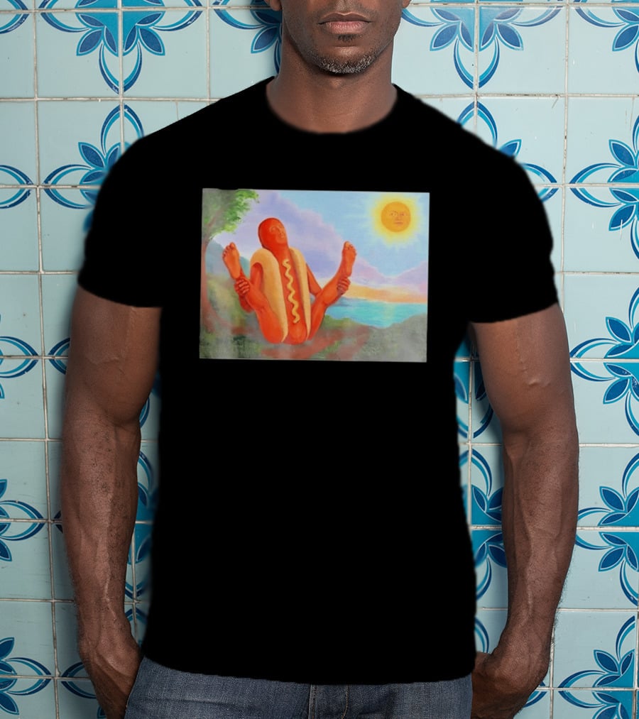 Surreal Hot Dog Doing Yoga At Sunrise With Smiling Sun T-Shirt