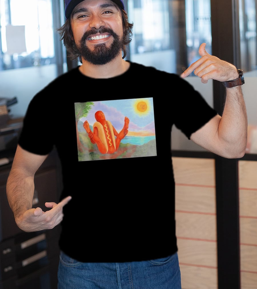 Surreal Hot Dog Doing Yoga At Sunrise With Smiling Sun T-Shirt
