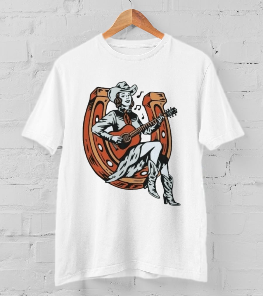Cowgirl Playing Guitar On Horseshoe Classic Western Music Scene T-Shirt