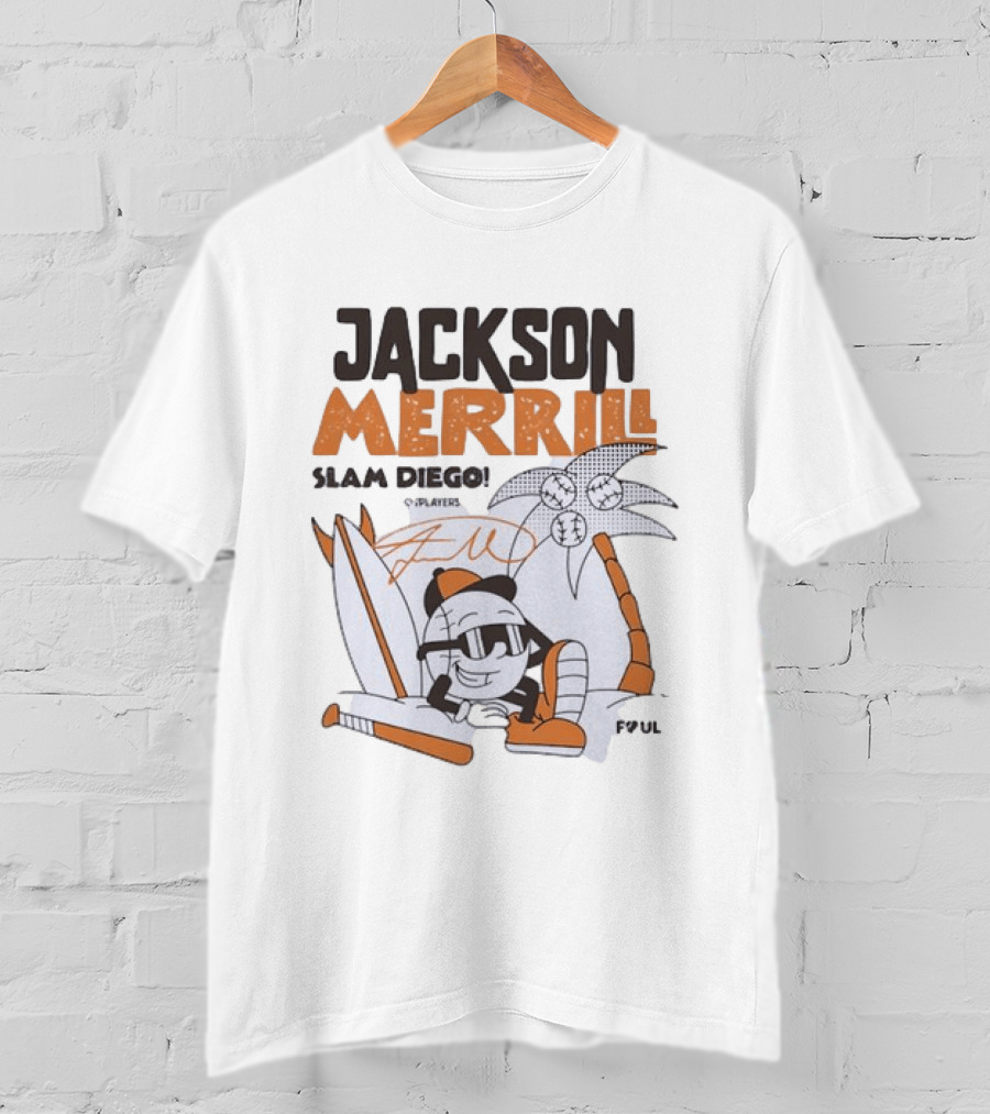 Jackson Merrill San Diego Padres Slam Diego Foul Territory Cartoon Baseball Palms T-Shirt