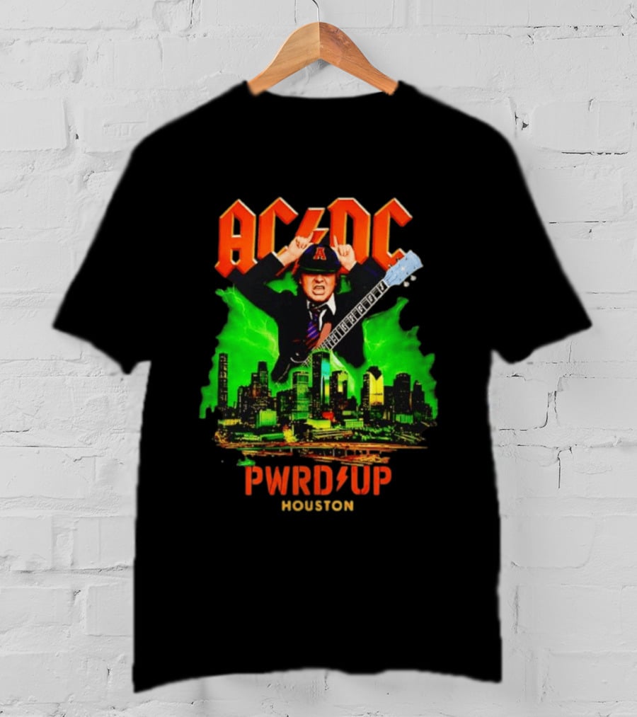 AC DC Angus Young Pwr Up Houston Hard Rock Skyline Electric Guitar T-Shirt