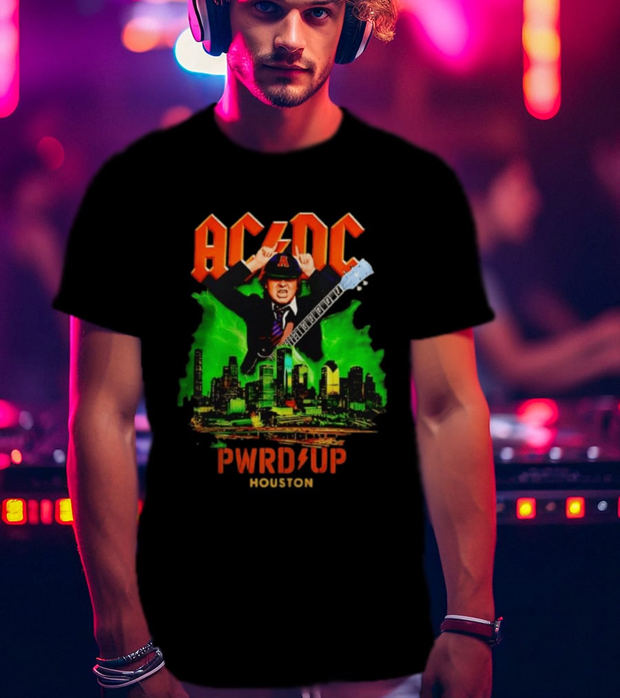 AC DC Angus Young Pwr Up Houston Hard Rock Skyline Electric Guitar T-Shirt