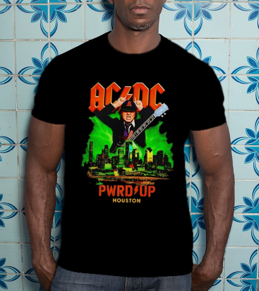 AC DC Angus Young Pwr Up Houston Hard Rock Skyline Electric Guitar T-Shirt