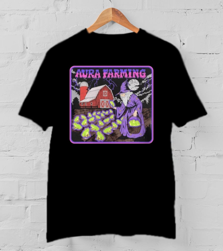 Aura Farming Moonlit Sorcerer Harvests Glowing Frogs Barn Wizard Magic T-Shirt