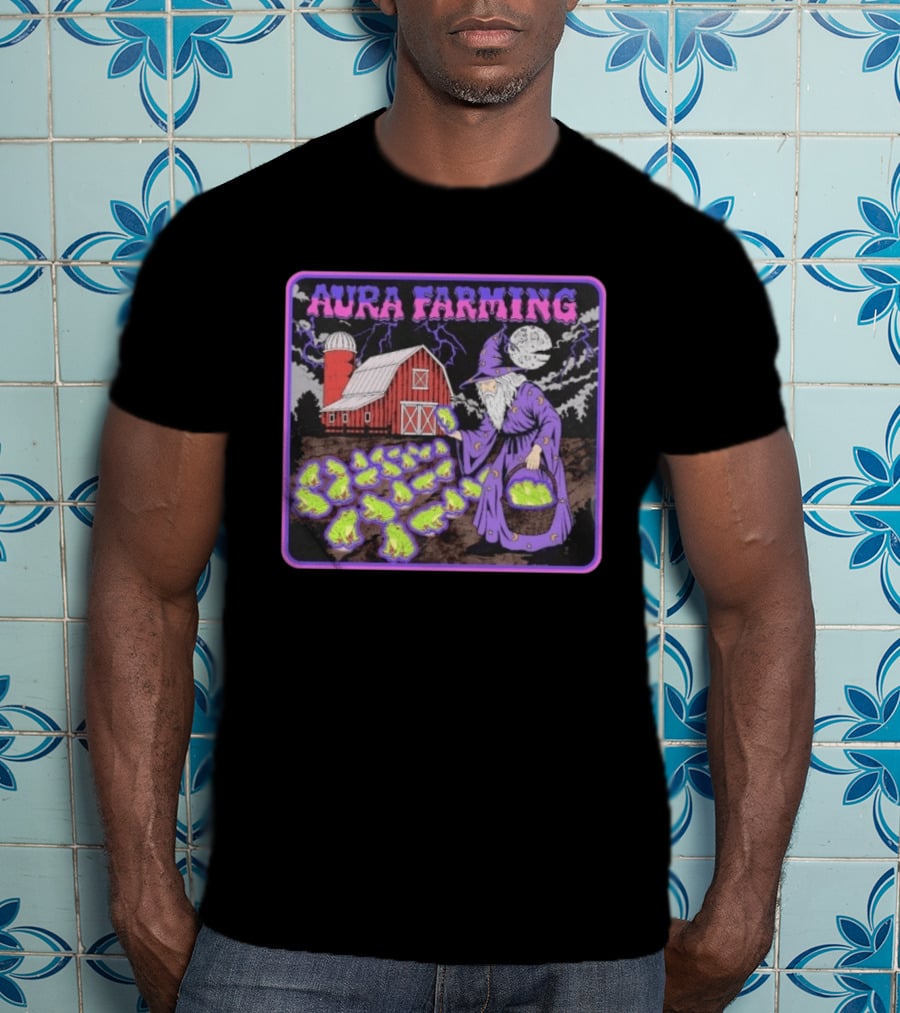 Aura Farming Moonlit Sorcerer Harvests Glowing Frogs Barn Wizard Magic T-Shirt