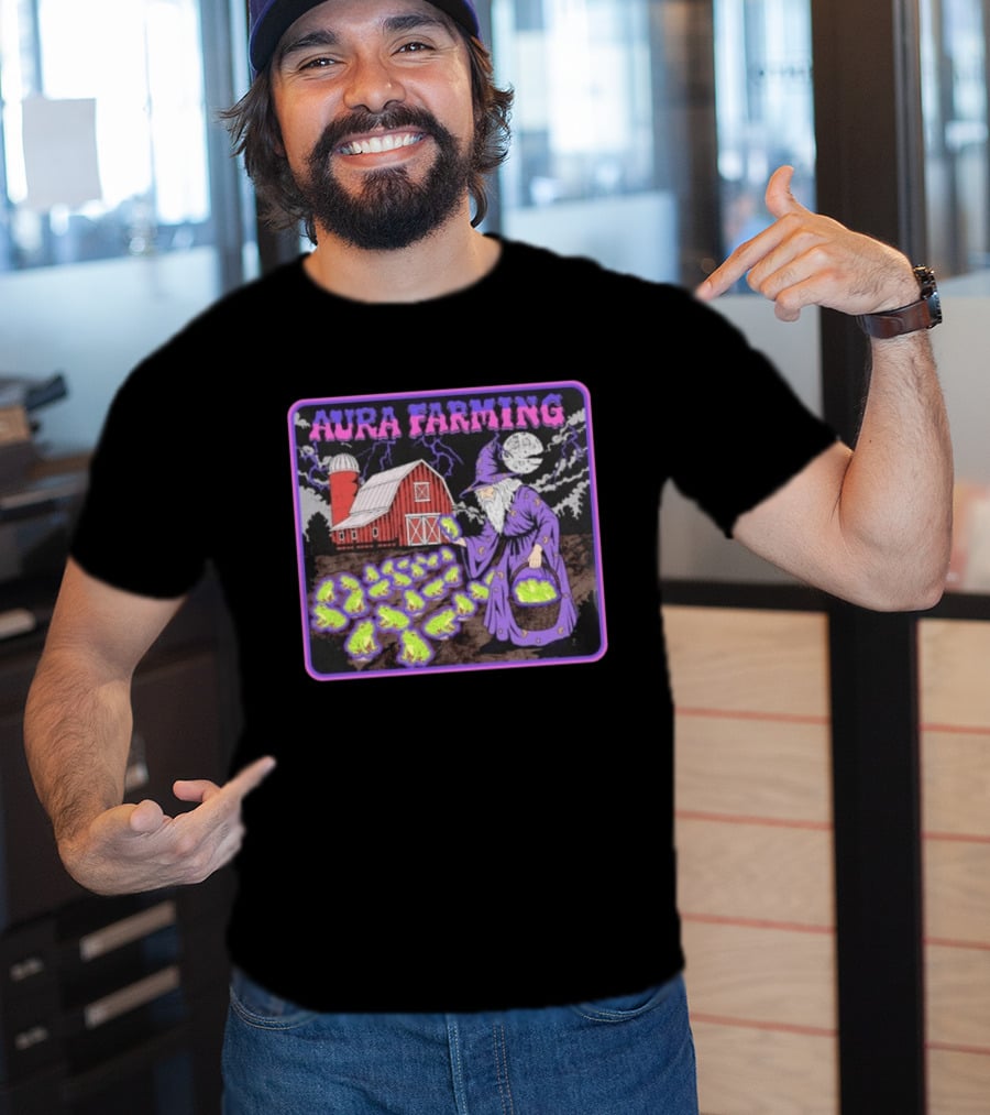 Aura Farming Moonlit Sorcerer Harvests Glowing Frogs Barn Wizard Magic T-Shirt