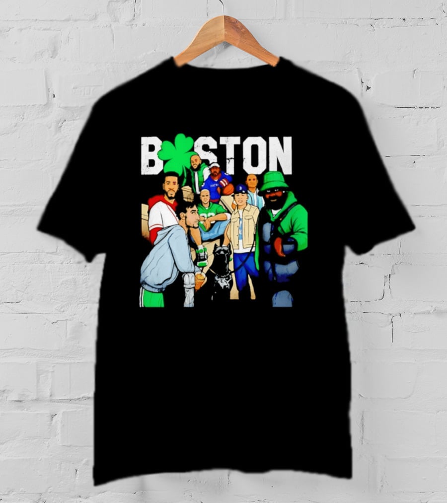 Boston Green Clover Sports Fan Characters Distressed Look T-Shirt