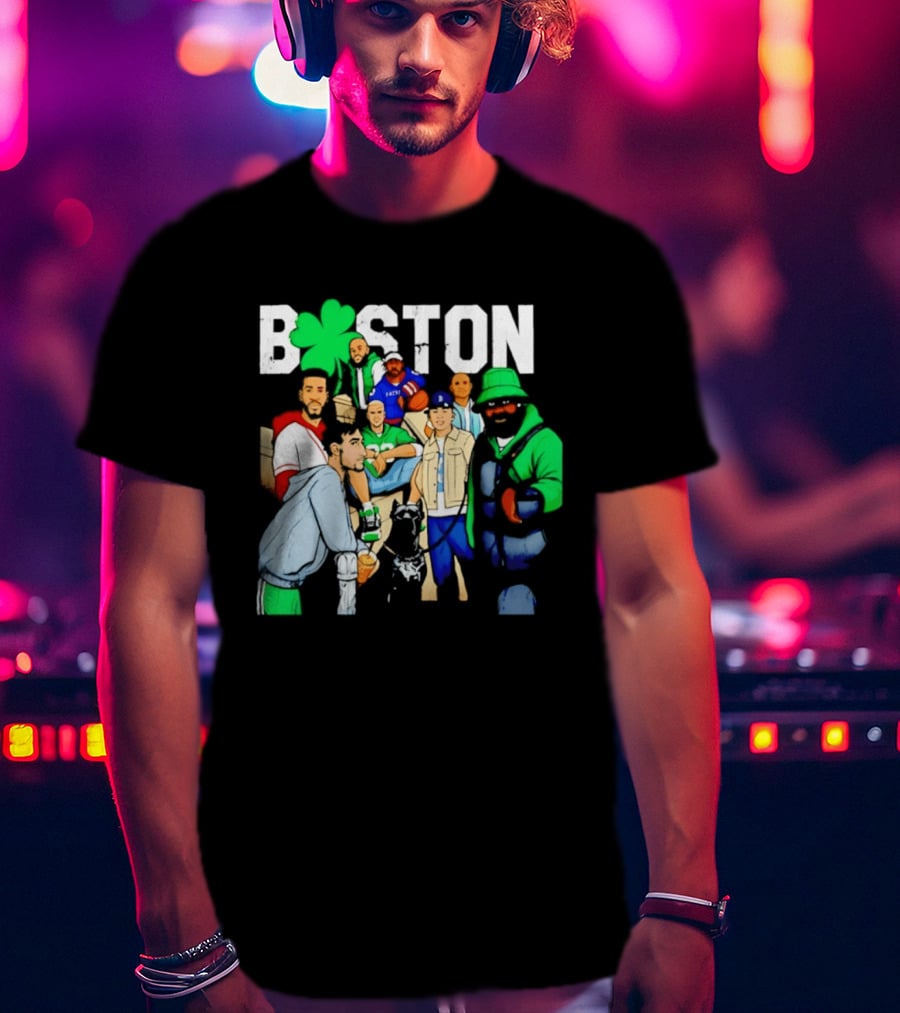 Boston Green Clover Sports Fan Characters Distressed Look T-Shirt