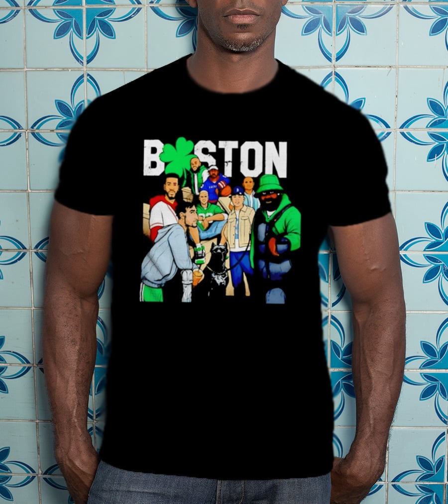 Boston Green Clover Sports Fan Characters Distressed Look T-Shirt