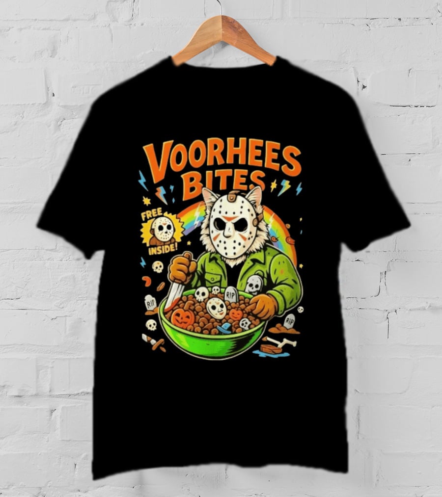 Voorhees Bites Jason Voorhees Cat Cereal Horror Mask Rainbow Feline Bowl Skeletons T-Shirt